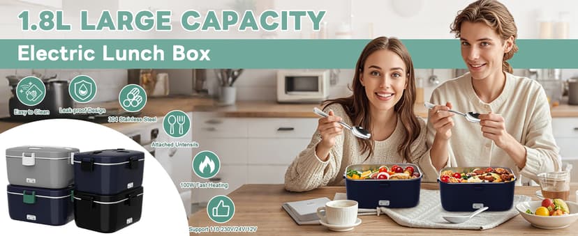 100W Fast Heating, Portable Food Heater for Car, Truck, Office, Work, Travel, Construction Site, Gifts, 12/24V/110-230V DUPASU Electric Lunch Box Food Warmer, 1.8L Heated Lunch Box for Adults B0DXYYG8Q4