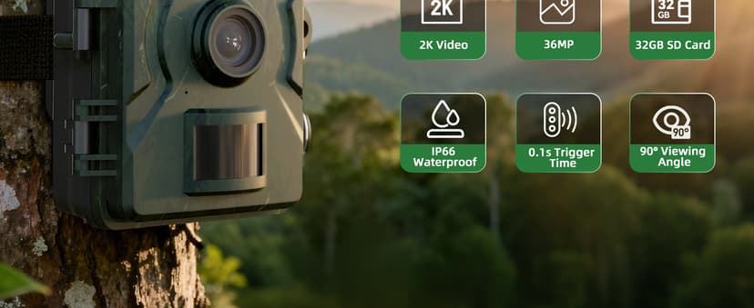 Trail Camera, 36MP 2K 0.1S Trigger Motion Activated,Game Camera with Night Vision IP66 Waterproof 2.0''LCD 90° Cam Lens for Outdoor Scouting Wildlife Monitoring Home Security, Gifts for Men