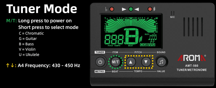 Ulumac Aroma 3 in 1 Digital Metronome Tuner for All Instruments - Guitar, Piano, Violin, Bass, Ukulele, Trumpet, Flute, Clarinet - Accurate Chromatic Tuner, Metronome, Tone Generator, Easy Operation
