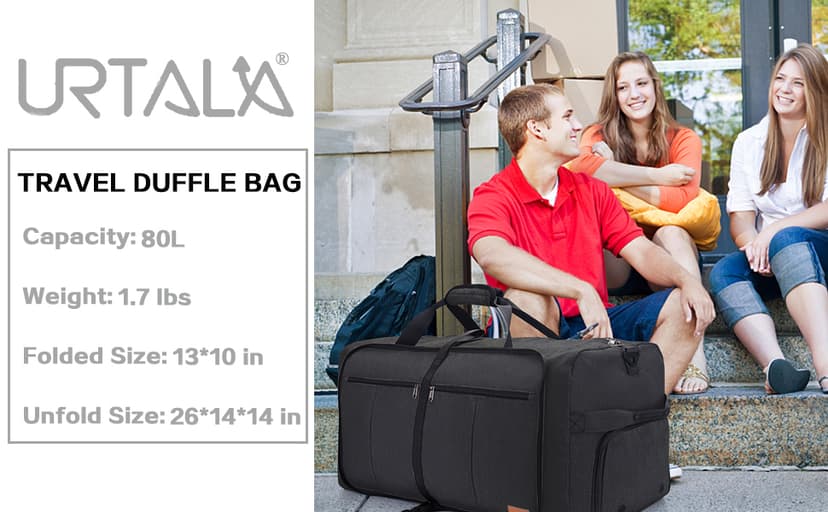 Urtala 80L EXTRA LARGE Duffle Bag for Travel, 26" Foldable Travel Duffel Bag with Shoe Compartment for Men Women, Waterproof & Tear Resistant (Black, EXTRA LARGE, 80L)
