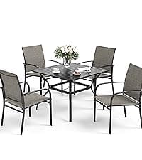 SUNSHINE VALLEY 7 Piece Patio Dining Set for 6, Rectangular Metal Table with Umbrella Hole, 6 Brown Dining Chairs, Outdoor Table and Chairs Set for Lawn Backyard and Deck