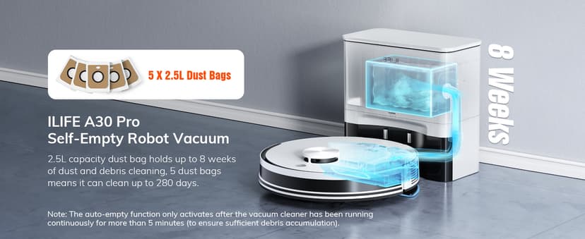 ILIFE A30 Pro Robot Vacuum and Mop, Self Emptying Station for 60 Days, 5000Pa Suction, LiDAR Navigation, No-Go Zones, 2.4G WiFi/App/Alexa/Remote Control, Roller Brush for Carpet, Hard Floors, 110V