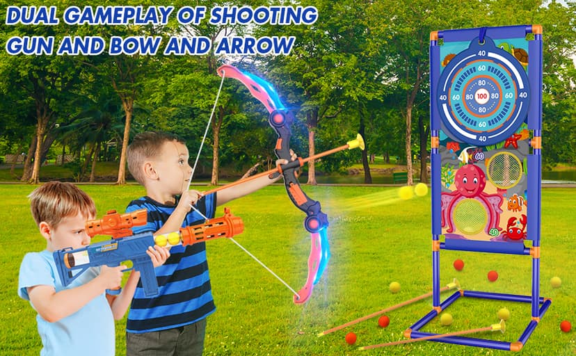 KKONES Kids Bow and Arrow Set, 2 in 1 Shooting Game with LED Light Up Archery Toy, Foam Balls, Suction Cup Arrows, Target, Quiver, Indoor Outdoor Toys for Kids Boys Girls Gifts