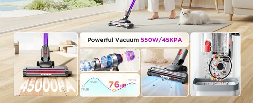 Cuzmok Cordless Stick Vacuum Cleaner - 550W Powerful Cordless Vacuum with HEPA Filter, Up to 50min Runtime & Tangle-Free Lightweight & Detachable Battery for Pet Hair Carpet Hardwood Floor Cleaning