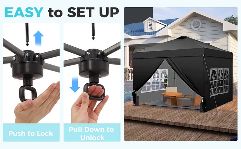 GDY 10x10 Pop Up Canopy Tent with 4 Sidewalls, Easy Set up with One Push Lift Outdoor Silver Coated Beach Gazebos, Carpas with 4 Sandbags, for Events, Parties,Camping, Black.