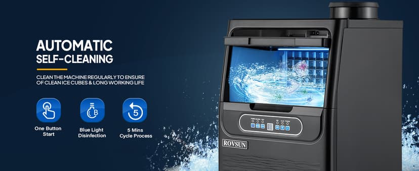 ROVSUN 110LBS/24H Commercial Ice Maker Machine with 50lbs Storage Bin, Freestanding/Countertop Ice Machine with 2 Water Inlets, Ice Scoop & Water Filter for Home Office Restaurant Bar Cafe Use