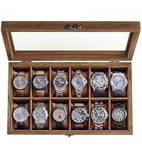SONGMICS SONGMICS Watch Box, 12-Slot Watch Case Organizer with Large Glass Lid, Removable Pillows, Gift for Loved Ones, Black Synthetic Leather, Gray Lining UJWB12BK