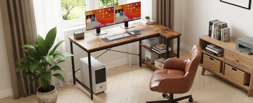 DUMOS L Shaped Desk 47 Inch Computer Desk Gaming Furniture Corner Desks Home Office PC Table with Reversible Storage Shelves for Writing Working Study Bedroom Dorm, Rustic Brown