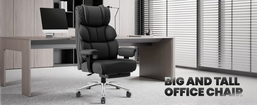 BestGlory Office Desk Chair, Big and Tall Leather Gaming Chair with Footrest, Wide Ergonomic Comfy Executive High-Back Reclining Computer Chairs, Swivel Rolling Wheels and Padded Lumbar Support, Black
