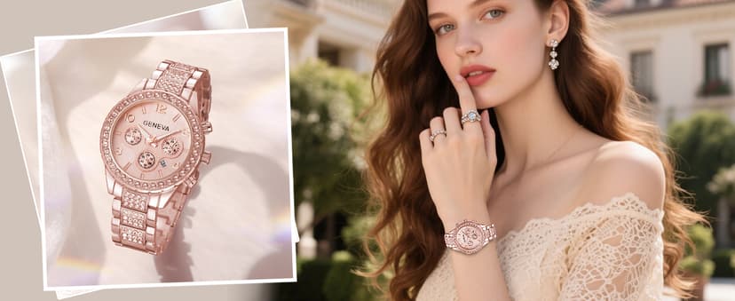 Gosasa Luxury Unisex Crystal Diamond Watches Quartz Digital Calendar Rose Gold Silver Stainless Steel Watch