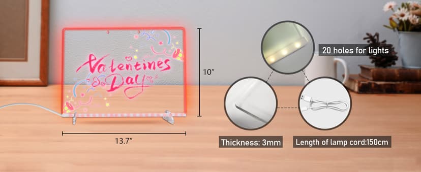 LED Note Board with Colors, 13.7"X10" 4 Modes & 7 Colors Acrylic Dry Erase Board with Light, Include Adapter, Hanging Chain, Led Drawing Board for Kids with Stand, 7 Markers, Spray Bottle