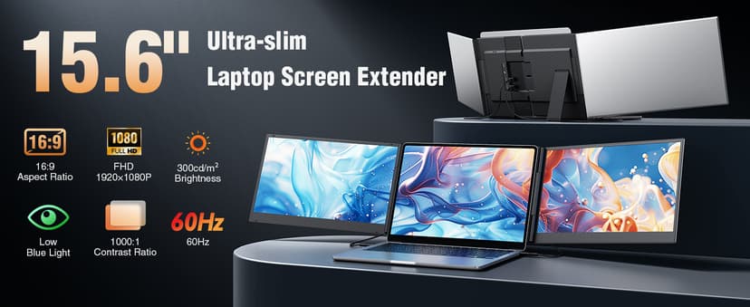 APILDELLA 15.6’’ Triple Laptop Screen Extender, 1080P FHD Portable Dual Monitor for Laptop USB C HDMI, Plug-Play Monitor Extender for Triple Display for Mac/Windows, Fit 13”-17.3” Laptops