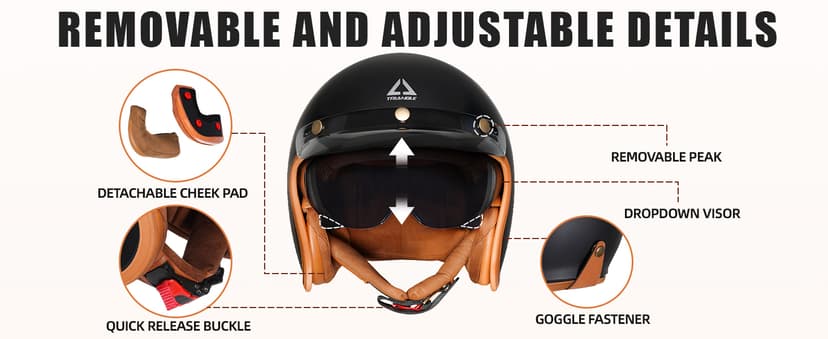 TRIANGLE 3/4 Motorcycle Helmet,Retro Open Face Adults Helmets with Visor,Half Face Moped Helmet for Men & Women,DOT Approved Helmets for Cruiser Scooter(L)