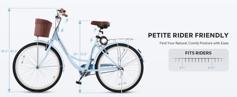 VIRIBUS Beach Cruiser Bike for Women, Single Speed Womens Bike with Basket & Rack 24 26 inch, Retro Step Through Cruiser Bicycle for Petite Short Women Female Ladies City Commuter, 330 lb.