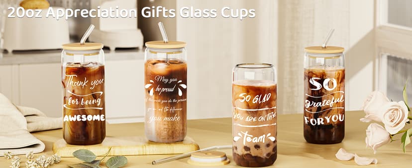 12 Set Employee Appreciation Gifts, Inspirational Thank You Gift for Team, Teacher, Nurse, Coworkers, Employees, Staff - Employee Christmas Gifts, 20oz Glass Cups with Lids and Straws (Mixed)