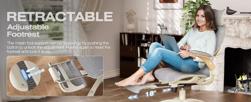 ELABEST X100 Ergonomic Office Chair with Footrest, Big and Tall Home Desk Chair with 5D Flip-Up Arms, Adjustable 3D Lumbar Support,High Back Rolling Computer Chair, Swivel Mesh Chairs (Foggy Morning)