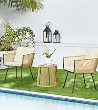 Yaheetech 3 Pieces Rattan Bistro Set, Outdoor Wicker Patio Modern Conversation Furniture, 2 Chairs & Tempered Glass Coffee Table for Garden, Balcony, Backyard, Poolside, Black/Beige