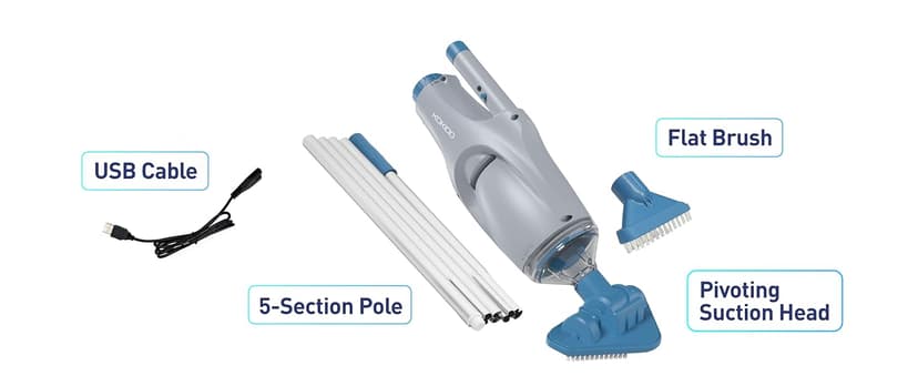 KOKIDO Rechargeable Handheld Hot Tub Spa Pool Vacuum, IPX8, Aluminum Pole and 2 Brush Heads, Cordless, Ideal for Light-Duty Spot Cleaning Spas and Small Pools up to 20ft, 60-min, Sand and Debris XV110