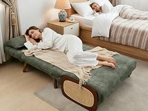 3-in-1 Convertible Sleeper Chair Bed for Adults, Chenille Fabric Armchair with 5-Level Adjustable Backrest, Folding Single Sofa Couch Futon Guest Bed with Pillow for Small Spaces, Office, Green 35.43"