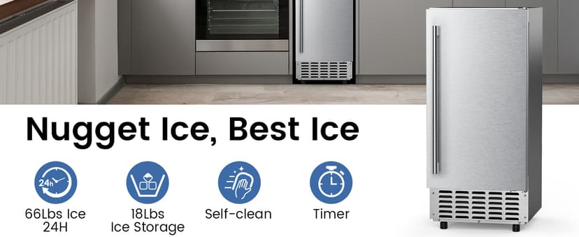 Undercounter Nugget Ice Maker,Commercial Nugget Ice Machine,66 lbs/Day,Built-in or Freestanding with Self-Cleaning,24-Hour Timer,Stainless Steel Ice Maker for Bars, Cafes, Businesses