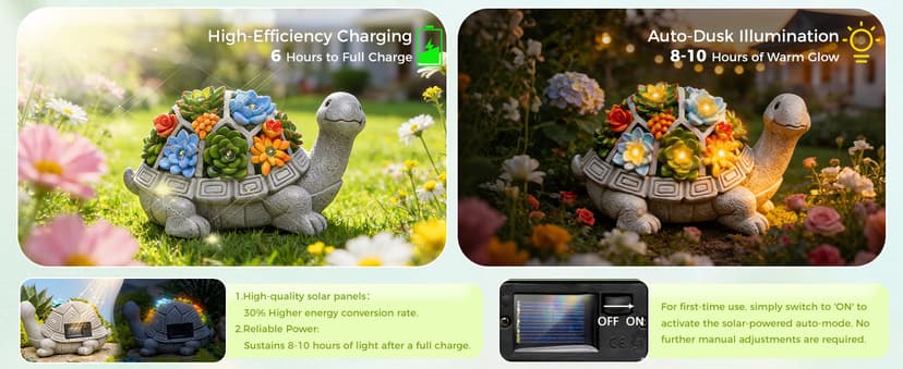 Nacome Solar Garden Outdoor Statues Turtle with Succulent and 7 LED Lights - Lawn Decor Tortoise Statue for Patio, Balcony, Yard Ornament - Unique Housewarming Gifts