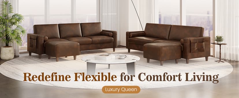 Vesgantti 100" PU Faux Leather Sofa with Movable Ottoman, 3 Seater L Shaped Leather Sectional Couch with Side Pocket, Comfy Mid Century Modern Modular Couch for Living Room, Apartment, Cocoa