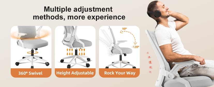 GTPLAYER Ergonomic Office Chair with Flip-up Armrests Executive Computer Chair for Home Office, Breathable Mesh & Comfy Lumbar Support, Moon Gray