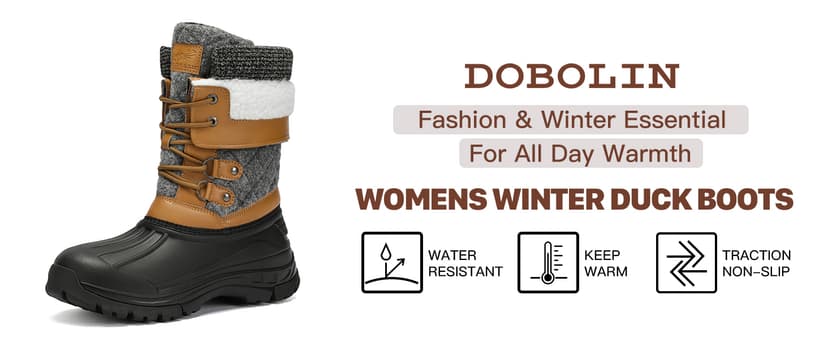DOBOLIN Womens Winter Snow Boots Duck Waterproof Boots for Women Warm Cozy Mid Calf Booties for Cold Weather