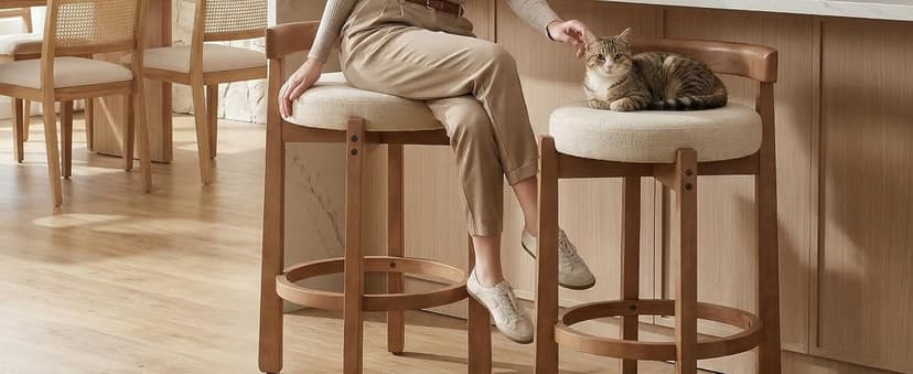 LukeAlon Mid Century Linen Counter Stools Set of 3, Upholstered 26.5" Seat Height Low Barstools with Natural Wood Legs Round Low Back Kitchen Stools with Footrest for Dining Room, Beige
