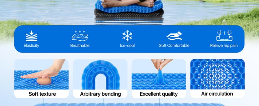 Gel Seat Cushion, Cooling seat Cushion (Super Large & Thick), Breathable Honeycomb Design Absorbs Pressure Points Seat Cushion, Gel Cushion for Office Chair, Home Car seat Cushion for Wheelchair