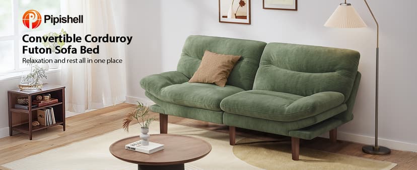 Pipishell 75" Futon Sofa Bed, Convertible Corduroy Space-Saver Couch with Adjustable Back & Armrests, Recliner Sleeper for Small Apartments, Office, Guest Room (Green) | Space-saver