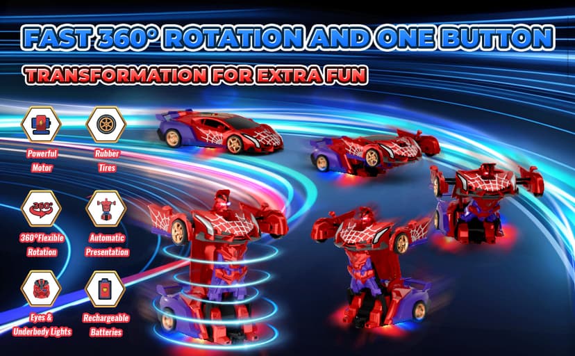 Spider Transform RC Cars Toys with Eye & Underbody Lights, 2.4GHz Remote Control Car One-Button Deformation, Fast 360°Rotation Robot Toys Birthday Gifts for 3 4 5 6 7 8 9 10 Year Old Boys Age 4-7 8-12