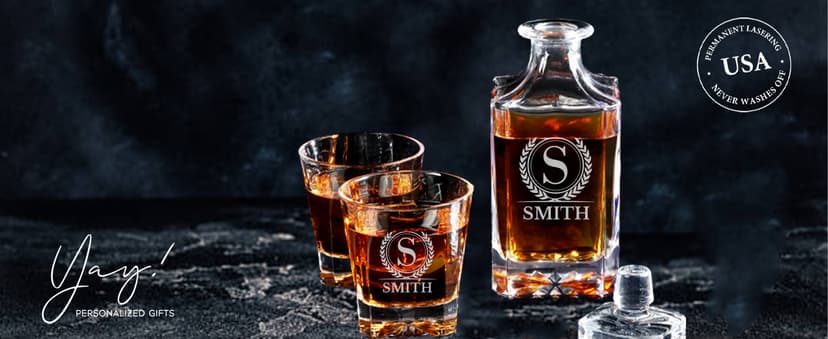 Personalized Whiskey Decanter, Custom Liquor Decanter 25oz, Engraved Whiskey Glass Set With Wood Gift Box Options, Whiskey Gifts for Men, Dad, Birthday, Retirement, Wedding (Square Decanter)