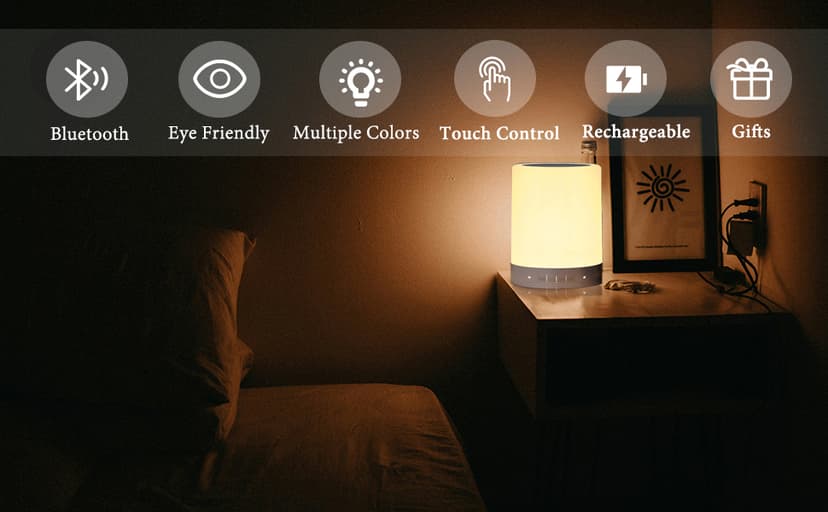 Elecstars Touch Bedside Lamp - with Bluetooth Speaker, Dimmable Color Night Light, Outdoor Table Lamp with Smart Touch Control, Best Gift for Men Women Teens Kids Children Sleeping Aid