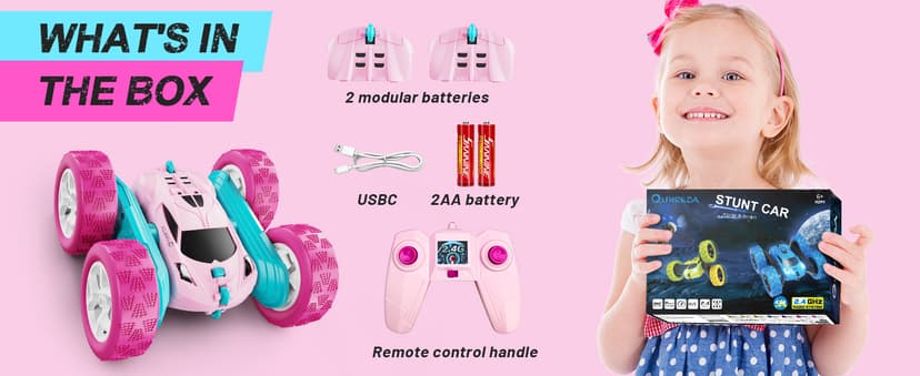 RC Cars, Pink Remote Control Car for Girls, 2.4 GHZ Double Sided RC Stunt Car 360° Rotating Remote Control Crawler with Headlights Car Toys for 6 7 8 9 10 11 12 Girls Birthday Gift Grandkids