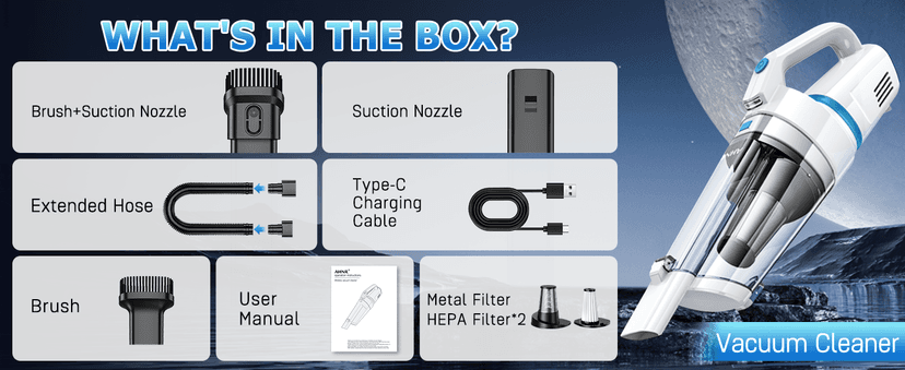 AHNR Handheld Vacuum Cordless, 16000PA Powerful Suction Hand Held Vacuum Dust Busters Cordless Rechargeable with LED Light & 2 HEPA Filters, Portable Car Vacuum Cleaner High Power for Car Home Office