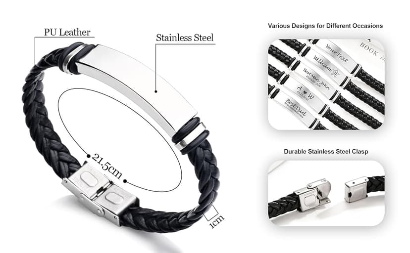 EDSG Mens Bracelet Personalized Custom Bracelets for Men Leather Engraved Bracelet Gift for Boyfriend Husband Dad Bestman Gift for Valentines Day Christmas, Birthday, Wedding, Anniversary, Father's Day