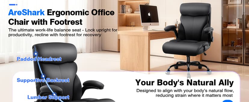 AreShark Office Chair - Executive High Back Breathable Comfy Desk Chair with Lumbar Support - Ergonomic Leather Rolling Swivel Computer Chair with Rock Function for Working Studying Gaming Relaxing