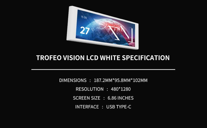 Thermalright Trofeo Vision LCD White Edition Case Sub-Display Features a 6.86-inch Full-Color LCD Screen (1280x480 Resolution) with Magnetic Panel Design. Supports DIY Dynamic/Static Images (White).