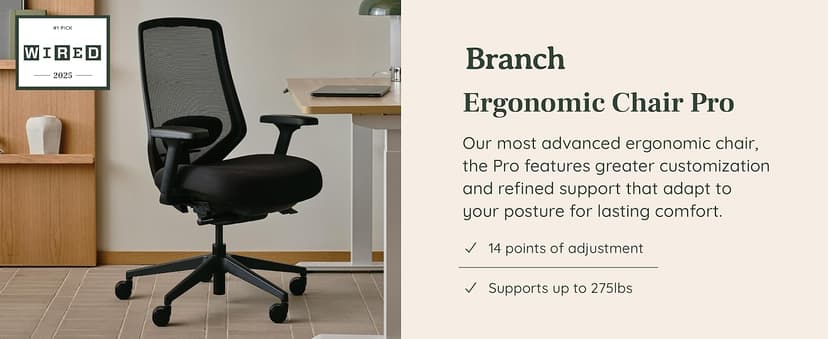 Branch Ergonomic Chair Pro - Mesh Office Chair with 14 Points of Adjustment - Height, Depth & Tilt Adjustable - 5D Armrests - Forward Tilt, Smooth Recline, and Lumbar Support - Black