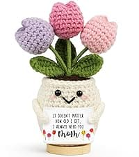 Gifts for Mom from Daughter Son - Cute Christmas, Mothers Day, Birthday Gifts for Moms - 5.51'' x 4.13'' Knitted Positive Tulip Flowers Mom Crochet Doll