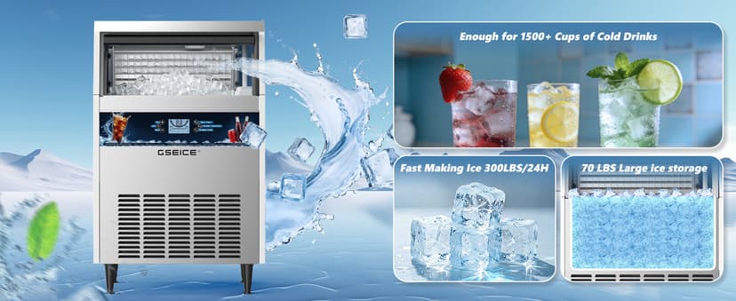 Commercial Ice Maker Machine, 300 lbs/24h with 70 lbs Storage, 126 Ice Cubes in 15 Mins, ETL FCC, Under Counter Ice Maker with LED Display, 24H Timer, Smart Reminder, for Cafe Bar Restaurant