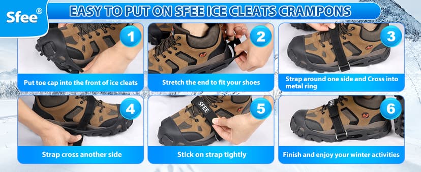 Sfee Crampons Ice Cleats for Shoes and Boots, 28 Steel Shoe Spikes Ultra-Grip Ice Cleats for Men Women Non-Slip Snow Traction Ice Grippers for Shoes and Boots for Walking, Hiking, Climbing, Fishing