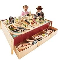 Tiny Land 110pcs Wooden Train Set with Folding Storage Box, Wooden Train Track Toy for Boys & Girls, Age 3-7, Includes Convenient Storage