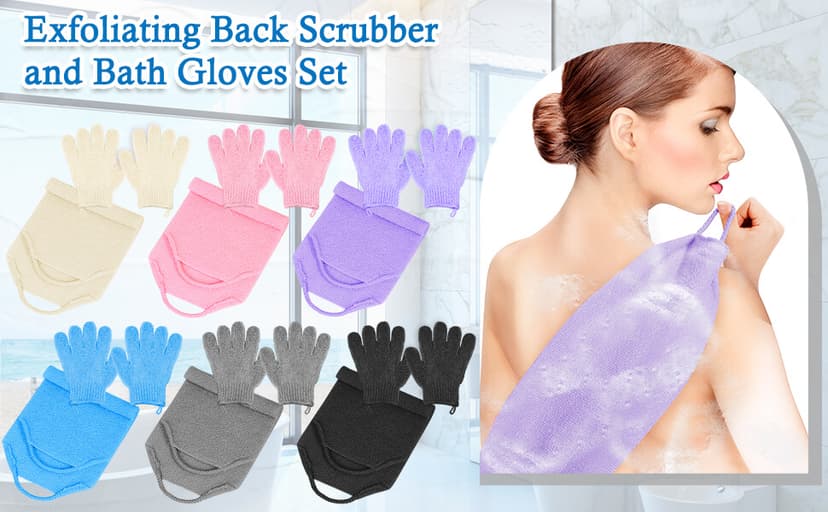 Anezus Exfoliating Back Scrubber Bath Gloves Set, Exfoliating Shower Towel with Shower Gloves for Body Scrub, Back Cleaner Wash Gloves to Remove Dead Skin (Beige)