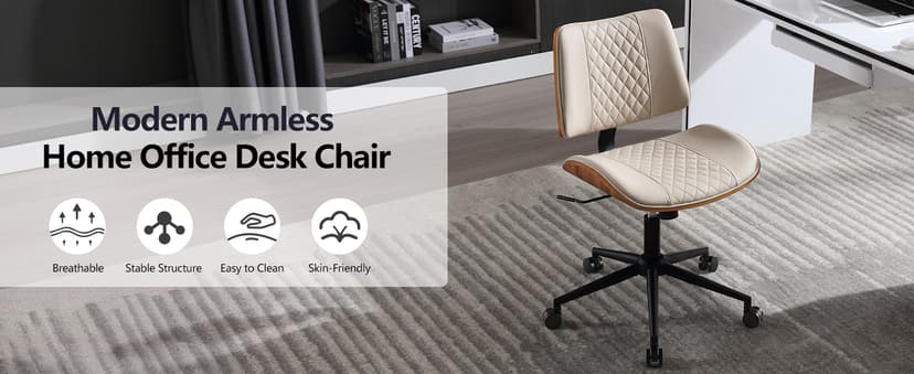 Home Office Chair No Arms with Wheels, Adjustable Height Small Desk Chair, PU Leather Mid Back 360 Swivel Computer Chair, Armless Modern Walnut Chair for Office, Reading Meeting Room(Beige)