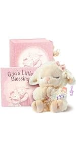 Baptism Gifts for Girl, Catholic Christening, Baby Dedication & Baptismal Gift Set for Baby Girls & Kids - with 9" Musical Praying Lamb Plush Toy & God's Little Blessing Book in Keepsake Box