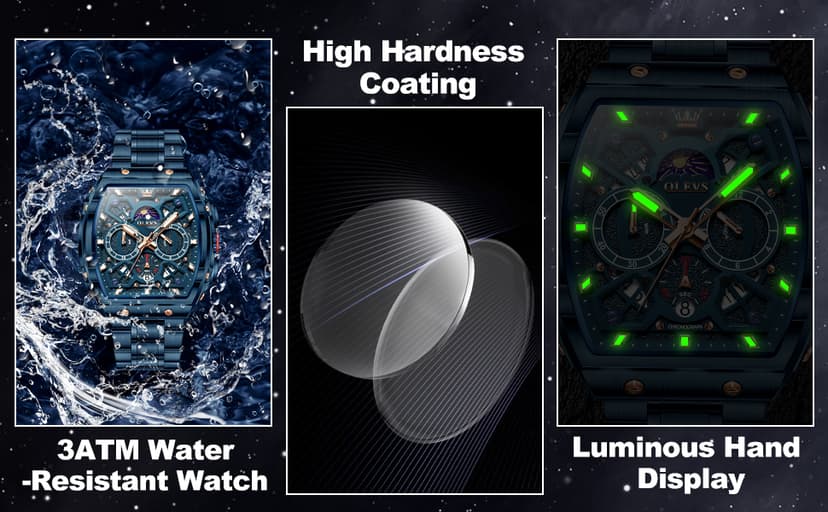 OLEVS Watches for Men Analog Quartz Luxury Diamond Waterproof Chronograph Stainless Steel Big Face Square Date Moon Phase Roman Numeral Dress Watch for Men