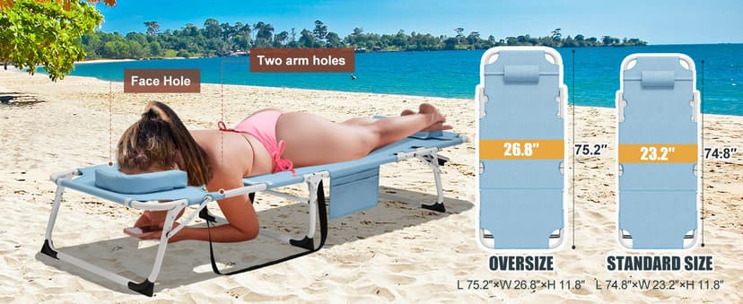 DoCred Heavy Duty XXL Tanning Chair with Face Hole&Mat, Oversized 5-Position Folding Chaise Lounge Chairs for Outside, Portable Beach Lounge Chair for Outdoor Sunbathing Beach Pool Lawn Camping