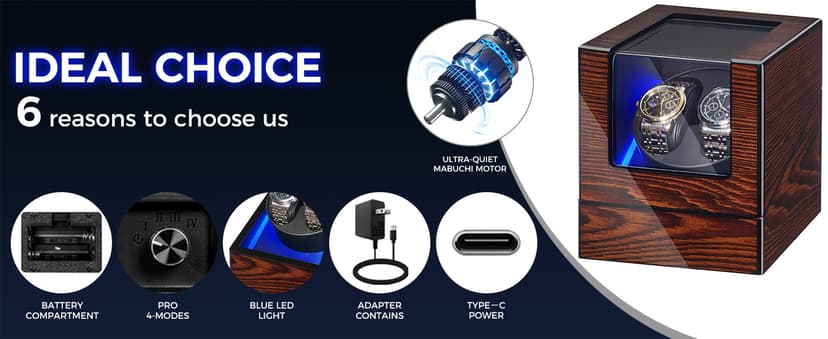 BEWISHOME BEWISHOME Watch Winder for Automatic Watches, Automatic Watch Winder Box Watch Spinner with LED Light, Double Watch Winder with Quiet Motor Wooden 4 Modes Battery or Type-C Adapter, Brown SYQ02Y